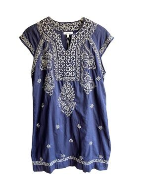 Max Studio Mini Shift Dress Size S Blue Silver Embroidered Short Sleeve Bohemian